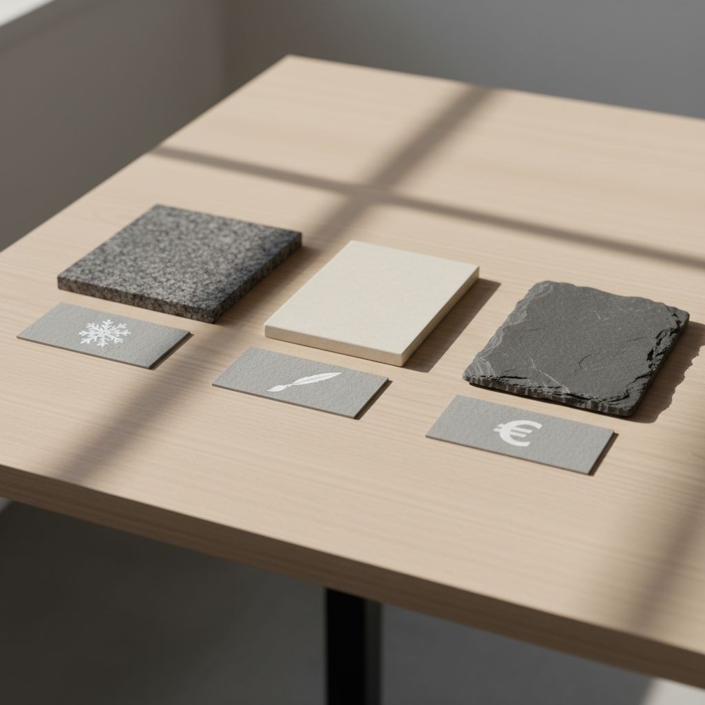 Un tableau comparatif simple de trois types de pierres de façade (granit, calcaire, ardoise) montrant leurs niveaux de résistance au gel, leur besoin d