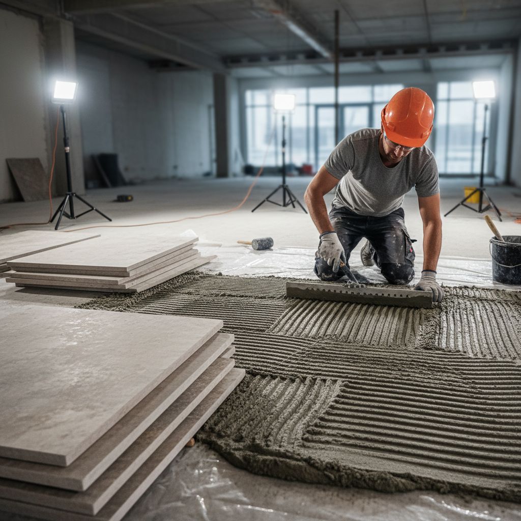 Voici les différentes couches pour une pose réussie : on part de la chape en béton, on ajoute le mortier-colle, on pose la dalle de pierre, et on termine avec un jointoiement impeccable.