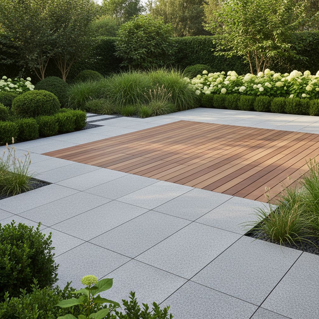 Une élégante terrasse moderne en dalles de granit gris, nichée dans la verdure, qui montre bien à quel point cette pierre peut être polyvalente.