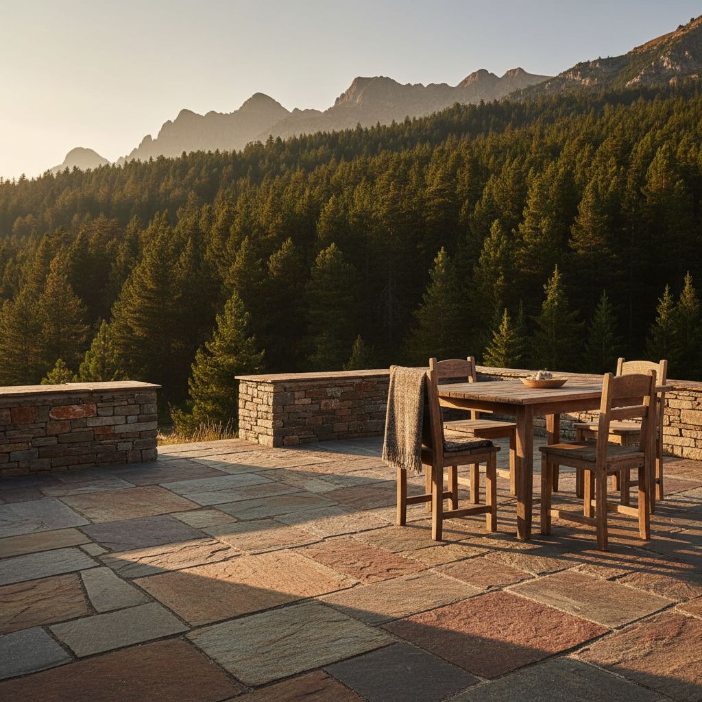 Dalles de gneiss aux teintes variées formant une terrasse rustique et naturelle qui se fond parfaitement dans un décor de montagne.