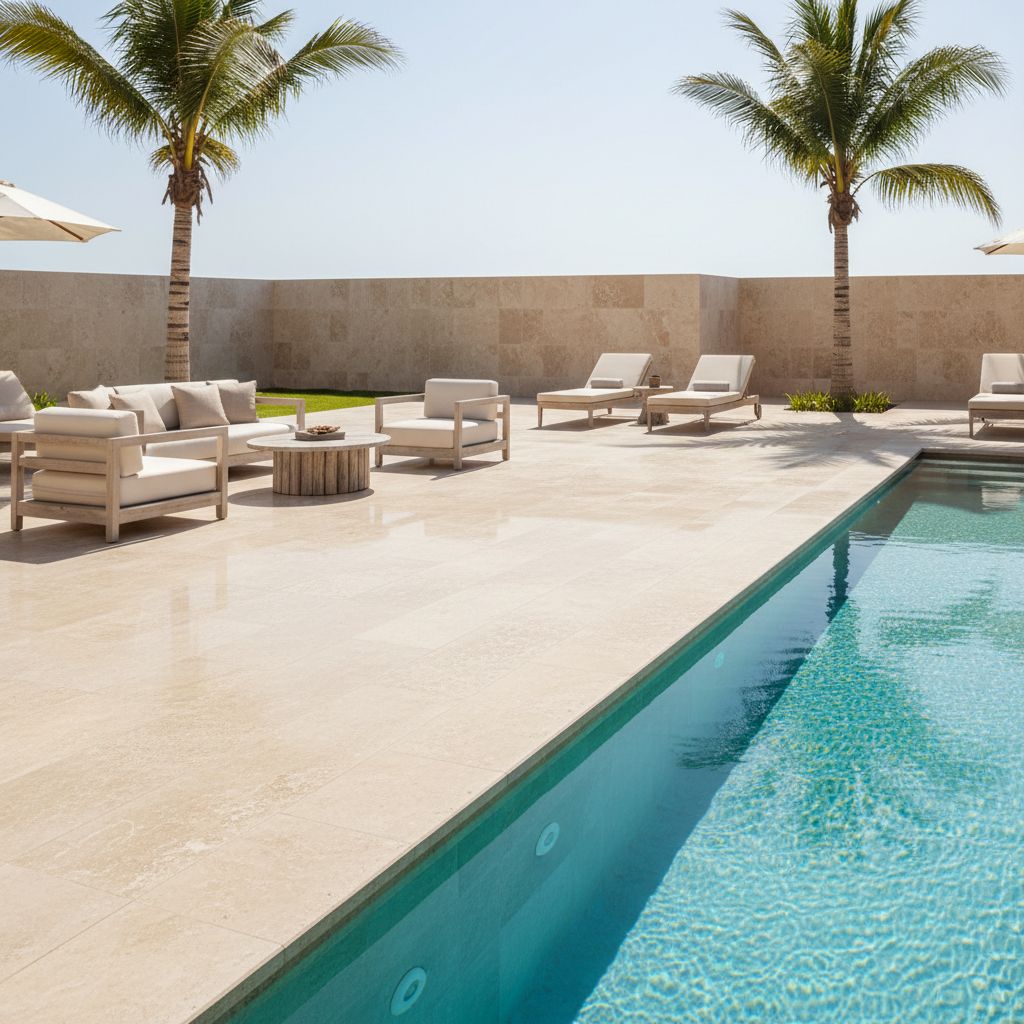 Une terrasse de luxe en quartzite aux reflets lumineux et aux tons beiges, adjacente à une piscine, soulignant son aspect raffiné.