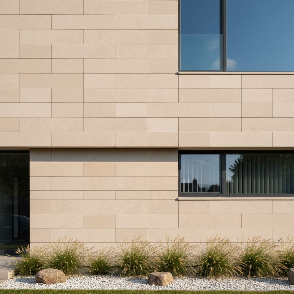 Une façade moderne et élégante en pierre naturelle claire, montrant des lignes épurées et une texture subtile sous la lumière du soleil.