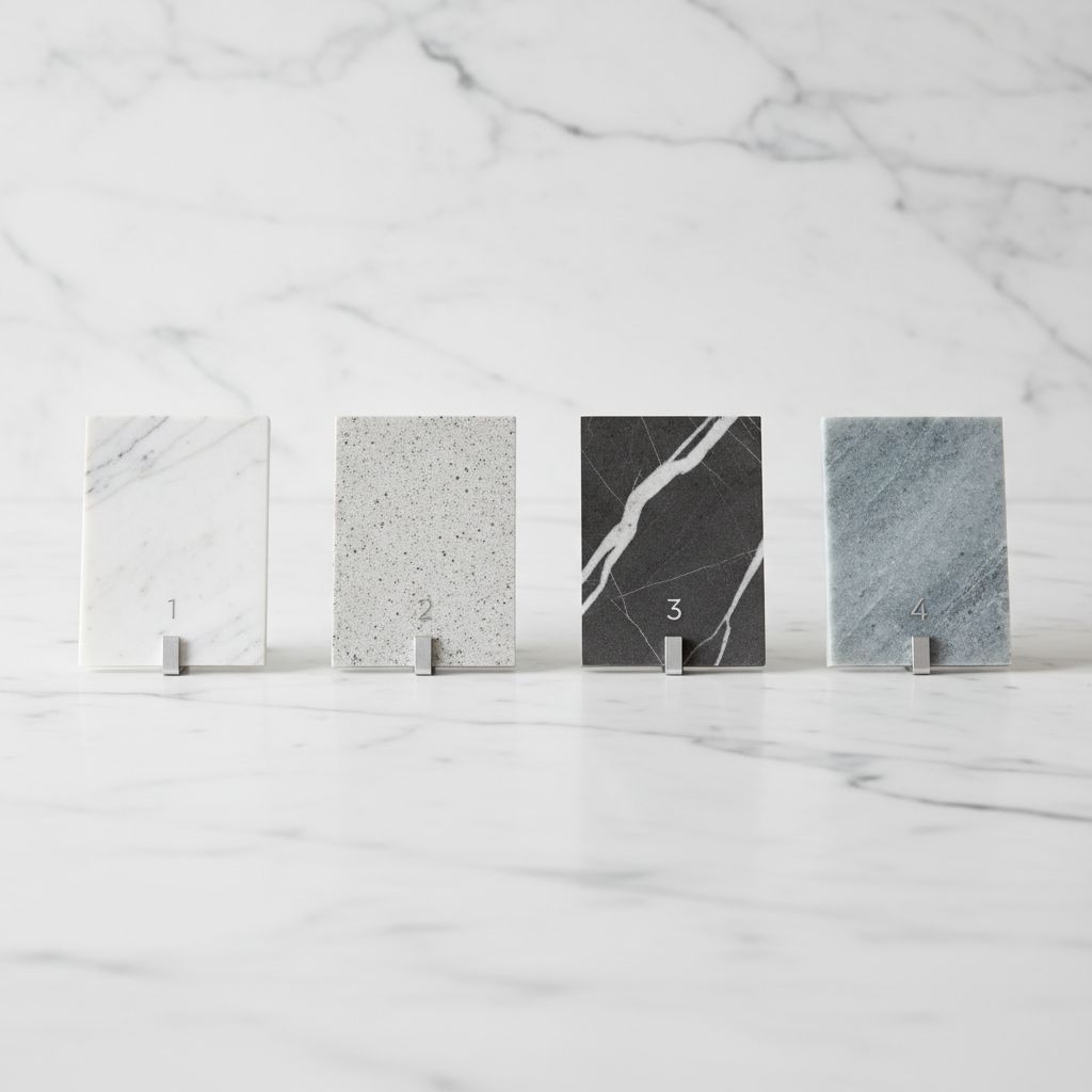Un schéma simple illustrant les 4 étapes pour choisir un fournisseur de pierre naturelle: 1. Expérience & Qualité, 2. Diversité & Technique, 3. Service & Logistique, 4. Rapport Qualité-Prix.