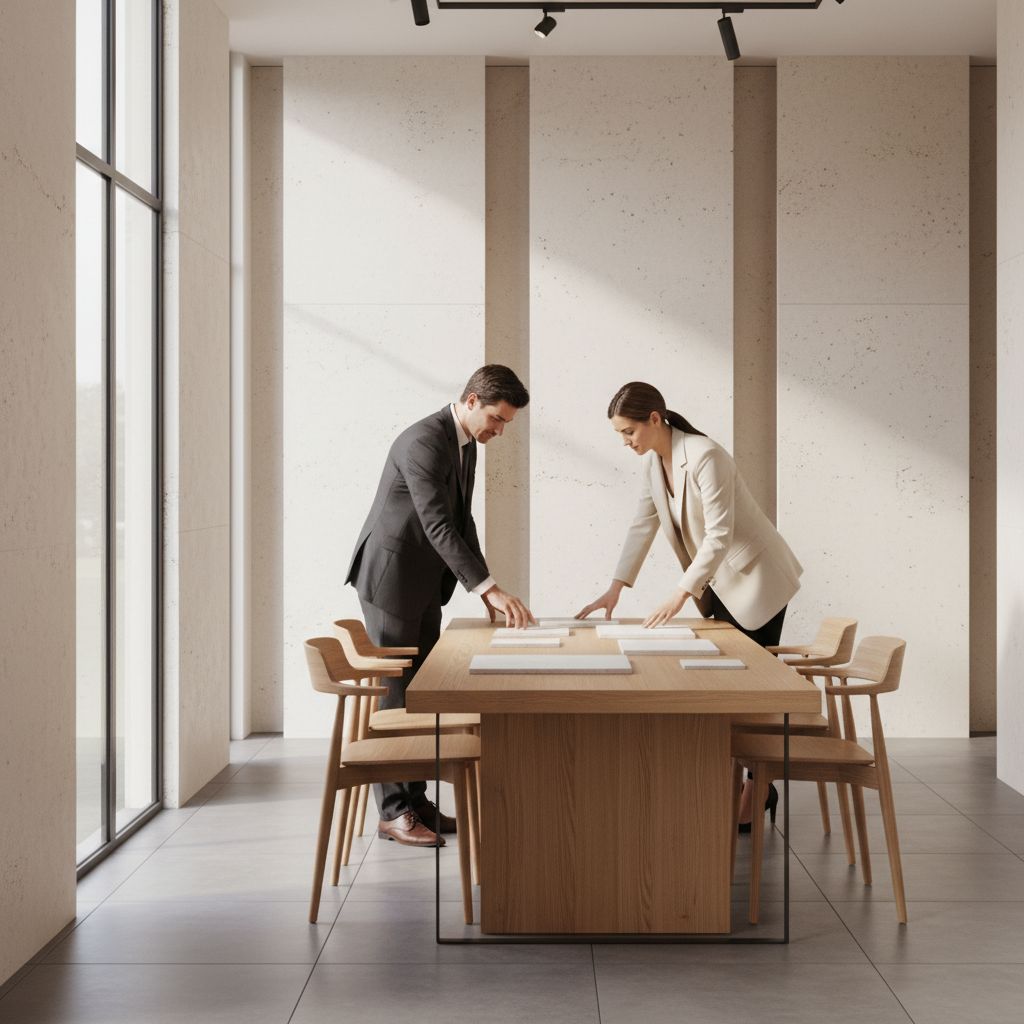 Diagramme simple en 4 étapes pour choisir un fournisseur de pierre : 1. Définir le besoin, 2. Visiter les showrooms, 3. Vérifier les références, 4. Confirmer la logistique.