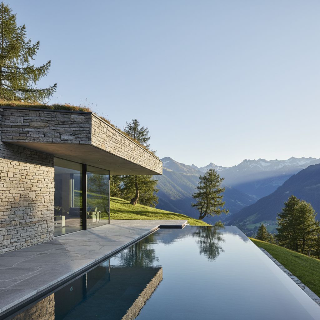 Une villa suisse moderne et luxueuse avec des murs extérieurs en pierre naturelle, parfaitement intégrée dans un paysage de montagne verdoyant.