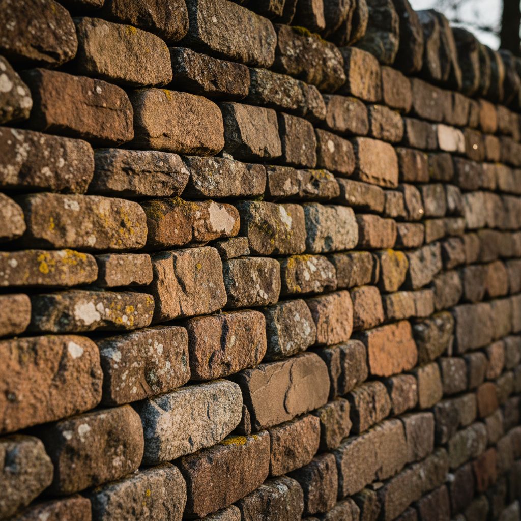 Un magnifique mur en pierre sèche, vu de près, qui met en avant le travail artisanal et la texture de la pierre naturelle.