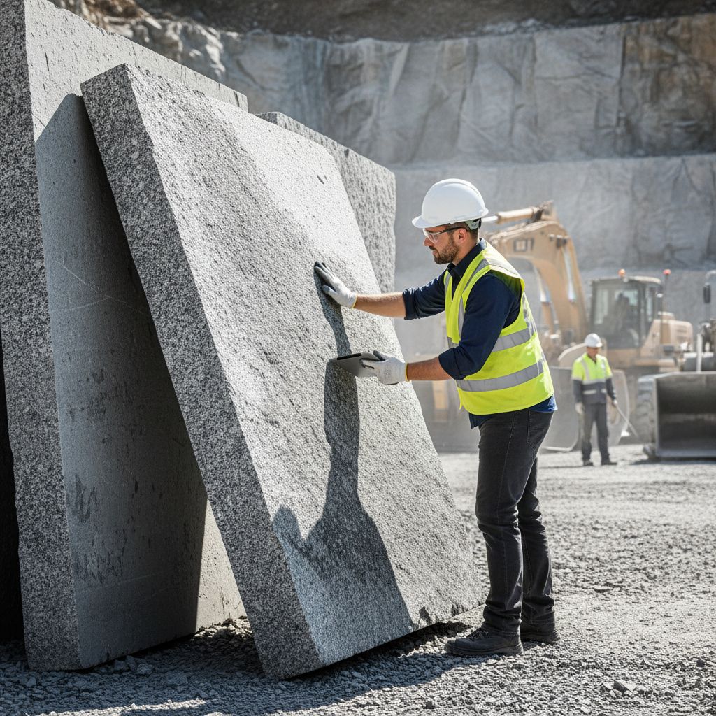 Une image conceptuelle montrant un inspecteur de qualité avec un casque de sécurité examinant de près une grande dalle de granit dans une carrière, symbolisant la sélection rigoureuse à la source.