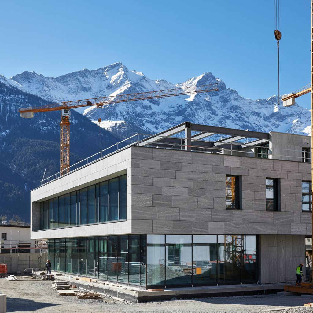 Un chantier de construction moderne qui prend forme en Suisse, avec une superbe façade en pierre naturelle et les Alpes en toile de fond sous un ciel bleu.