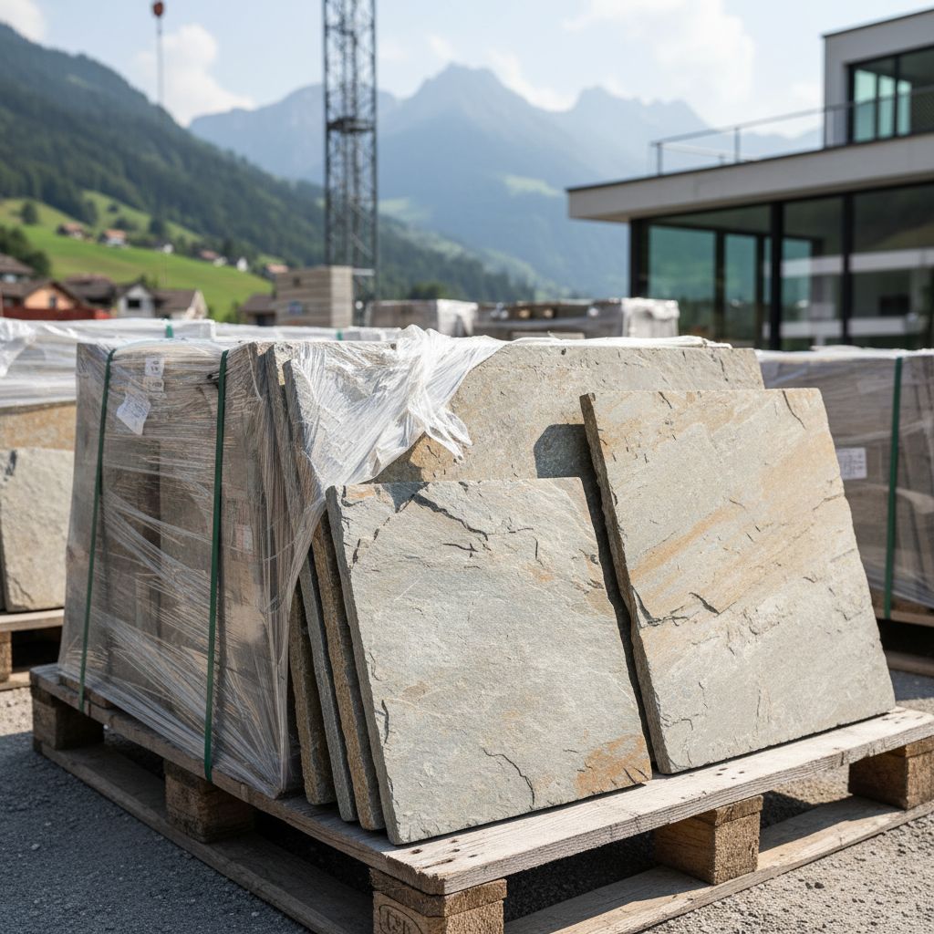 Une palette de dalles de pierre naturelle de haute qualité, soigneusement emballée et prête à être inspectée sur un chantier de construction en Suisse.