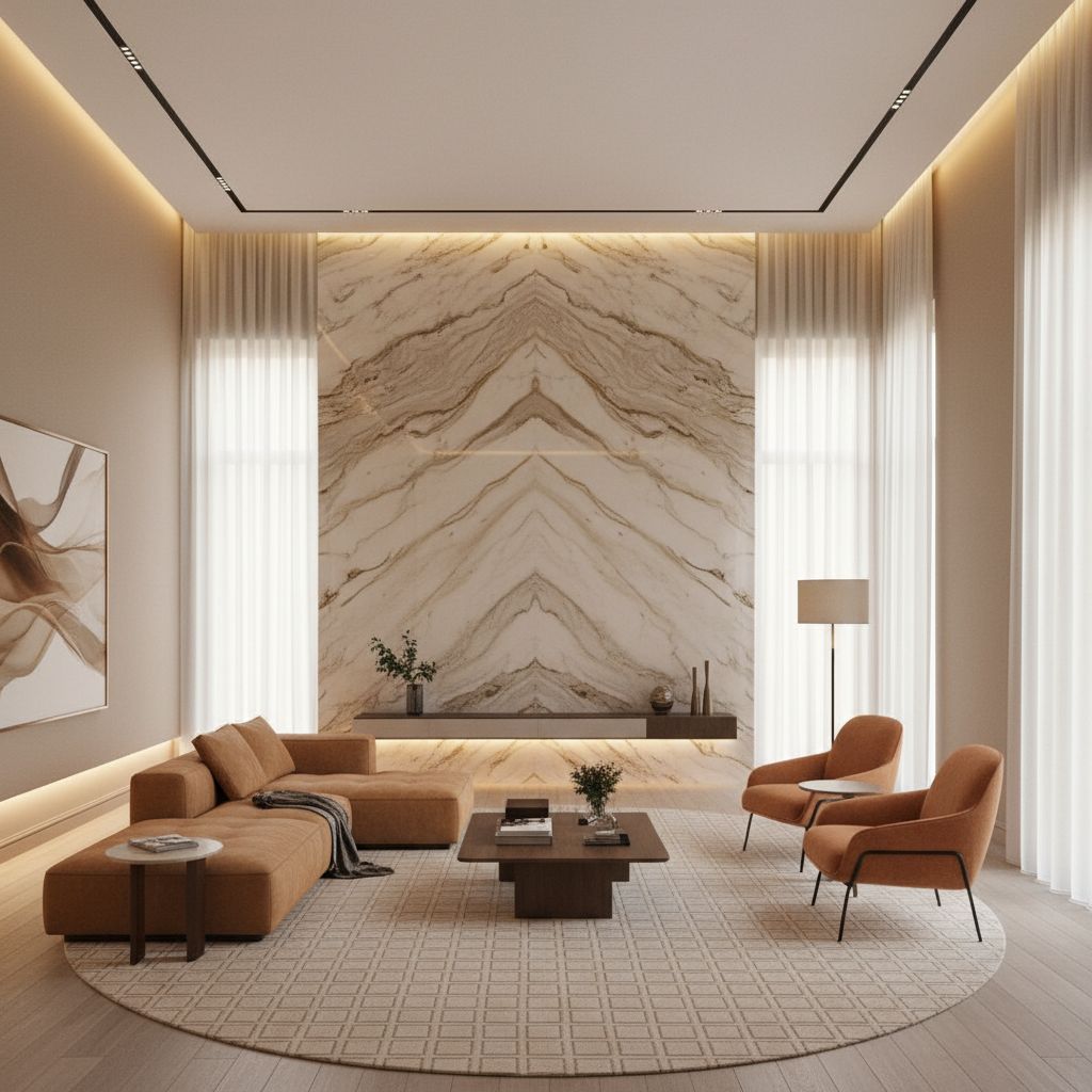 Un salon luxueux avec un grand mur en marbre spectaculaire, illustrant l