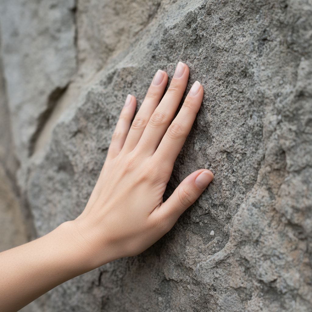 Gros plan sur une main de femme effleurant délicatement la surface texturée d