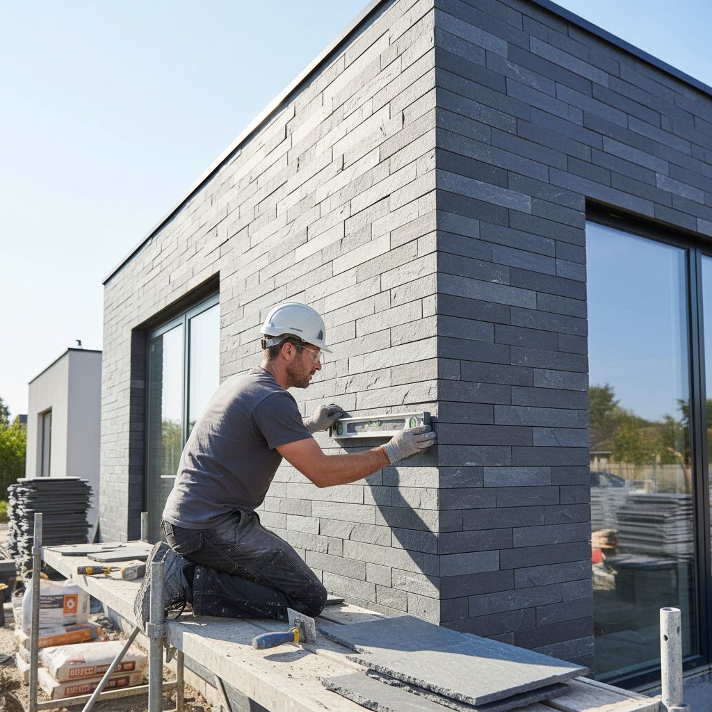 Un maçon pose avec soin des plaquettes de parement en ardoise sur la façade extérieure d