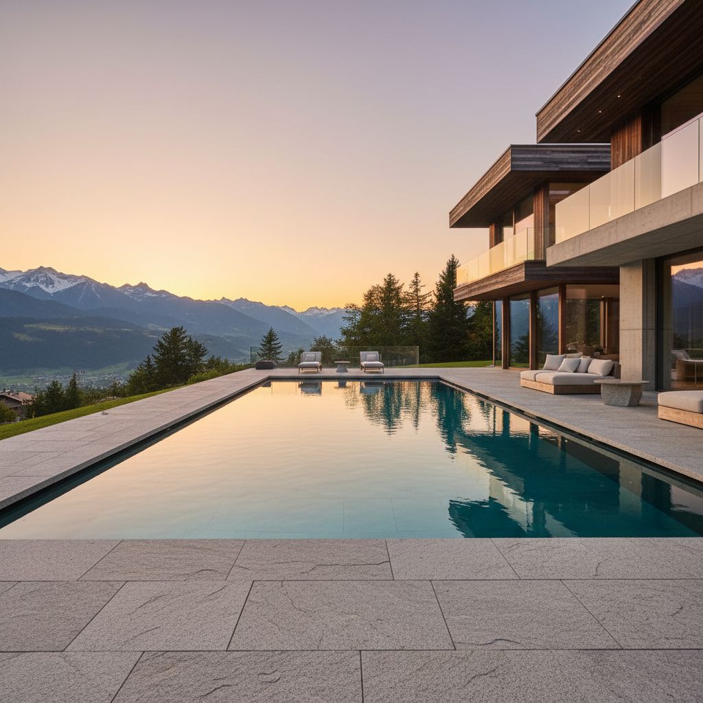 Une luxueuse piscine avec une plage en pierre naturelle dans le cadre d