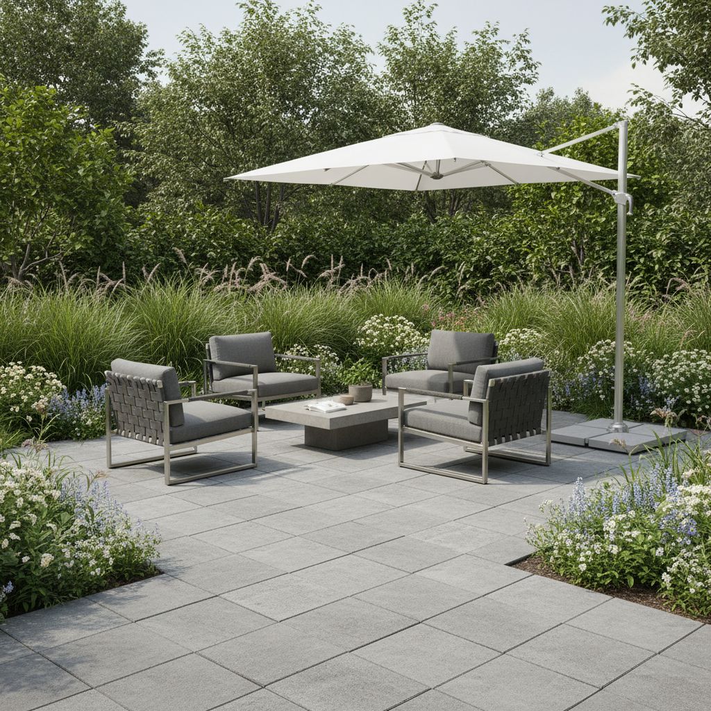 Un patio de jardin élégant avec de grandes dalles de pierre naturelle grise, entouré de verdure et meublé avec des chaises longues modernes.