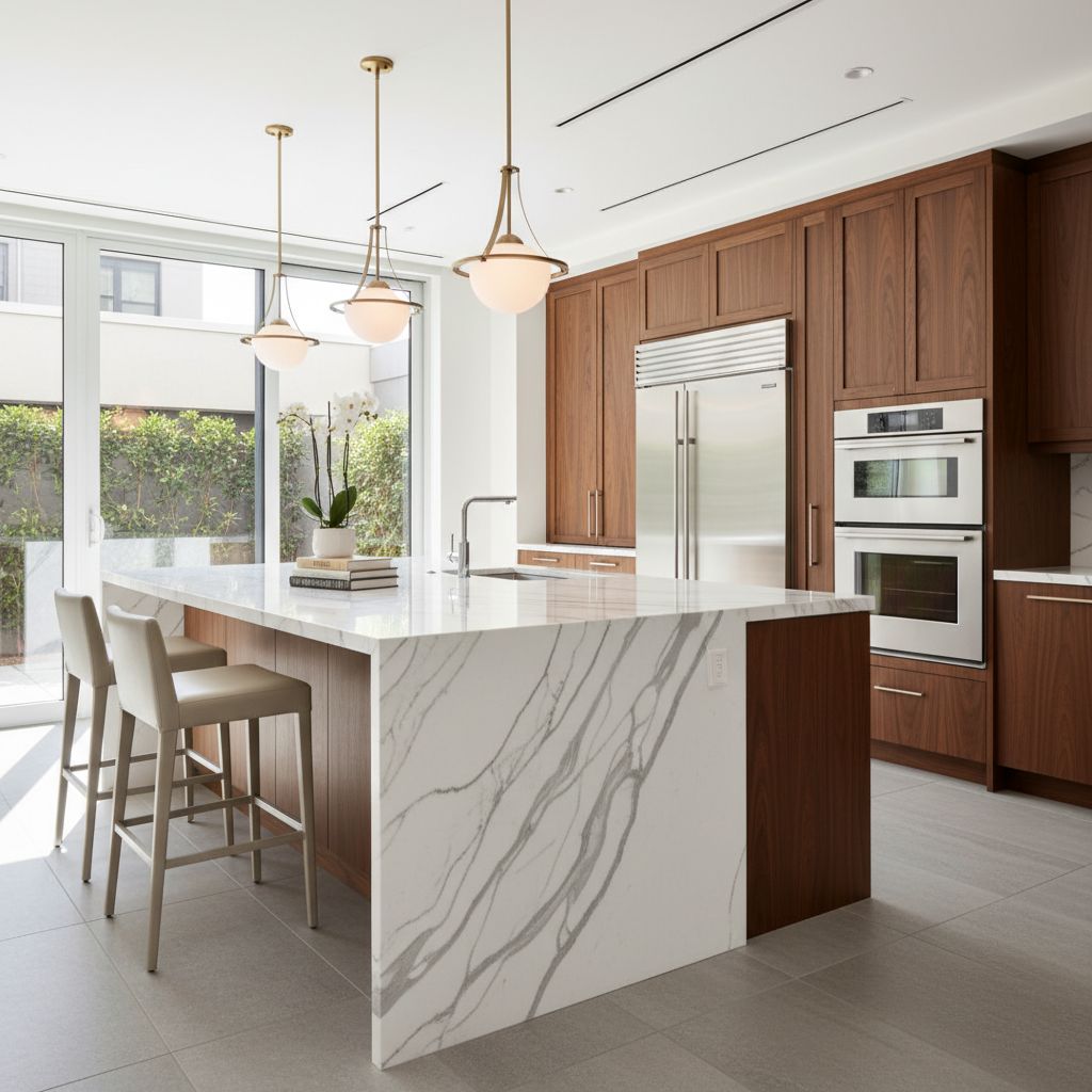 Une cuisine moderne et luxueuse avec un îlot central et un plan de travail en marbre blanc veiné de gris, éclairée par des suspensions design.