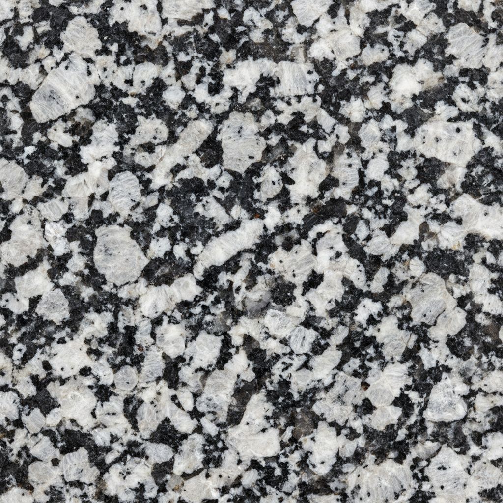 Gros plan sur une tranche de granit noir et blanc aux motifs uniques et naturels, montrant la texture de la pierre.