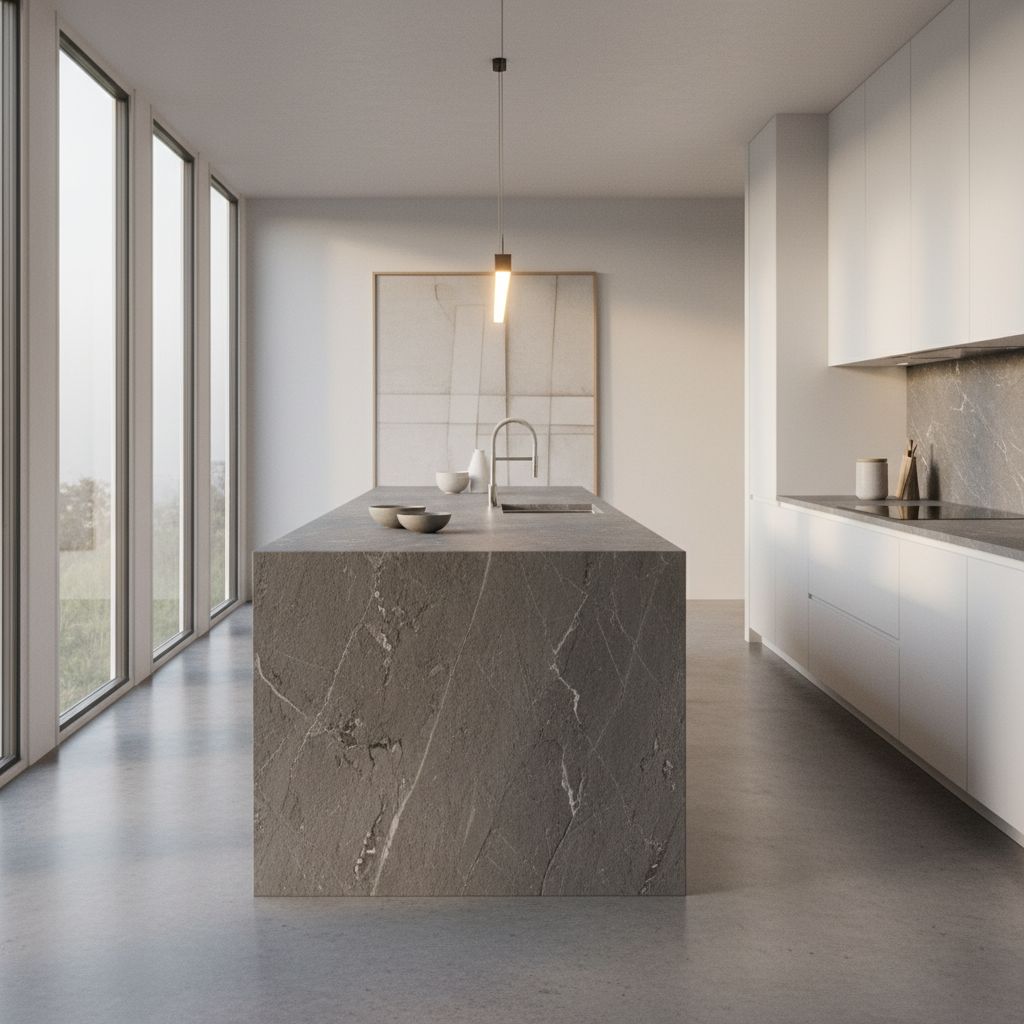 Cuisine moderne et luxueuse avec un îlot central et un plan de travail en pierre naturelle grise, baignée de lumière naturelle.