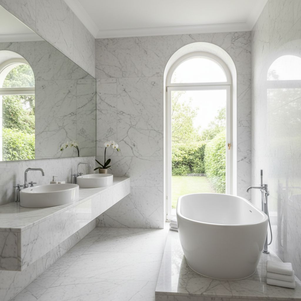 Une salle de bain luxueuse et spacieuse entièrement revêtue de marbre blanc aux veines grises, avec une grande baignoire îlot et une double vasque. La lumière naturelle entre par une grande fenêtre.