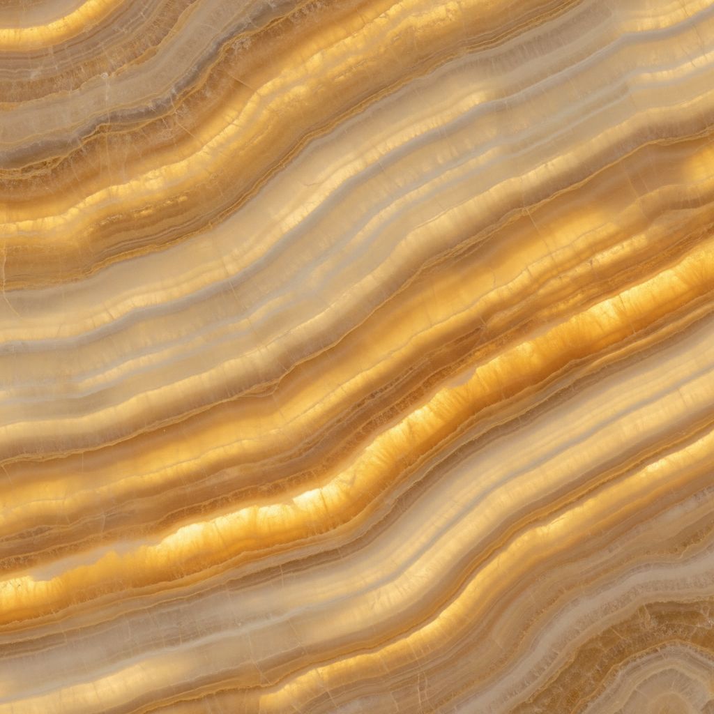 Un gros plan sur une tranche de marbre Onyx rétroéclairé, montrant ses couches translucides de couleur miel, ambre et blanc.