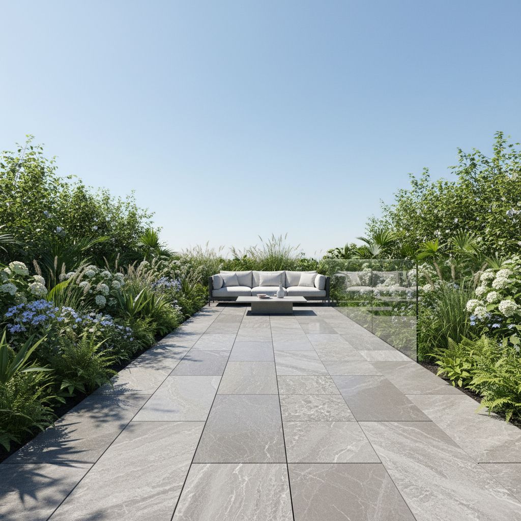 Une terrasse moderne et luxueuse avec de grandes dalles en pierre naturelle de couleur grise, entourée d