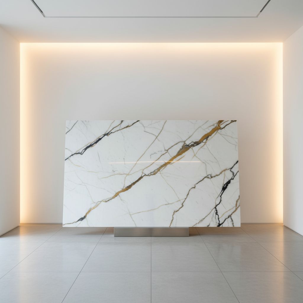 Une dalle de marbre spectaculaire avec des veines dorées et noires, exposée dans le showroom de Global Stone.