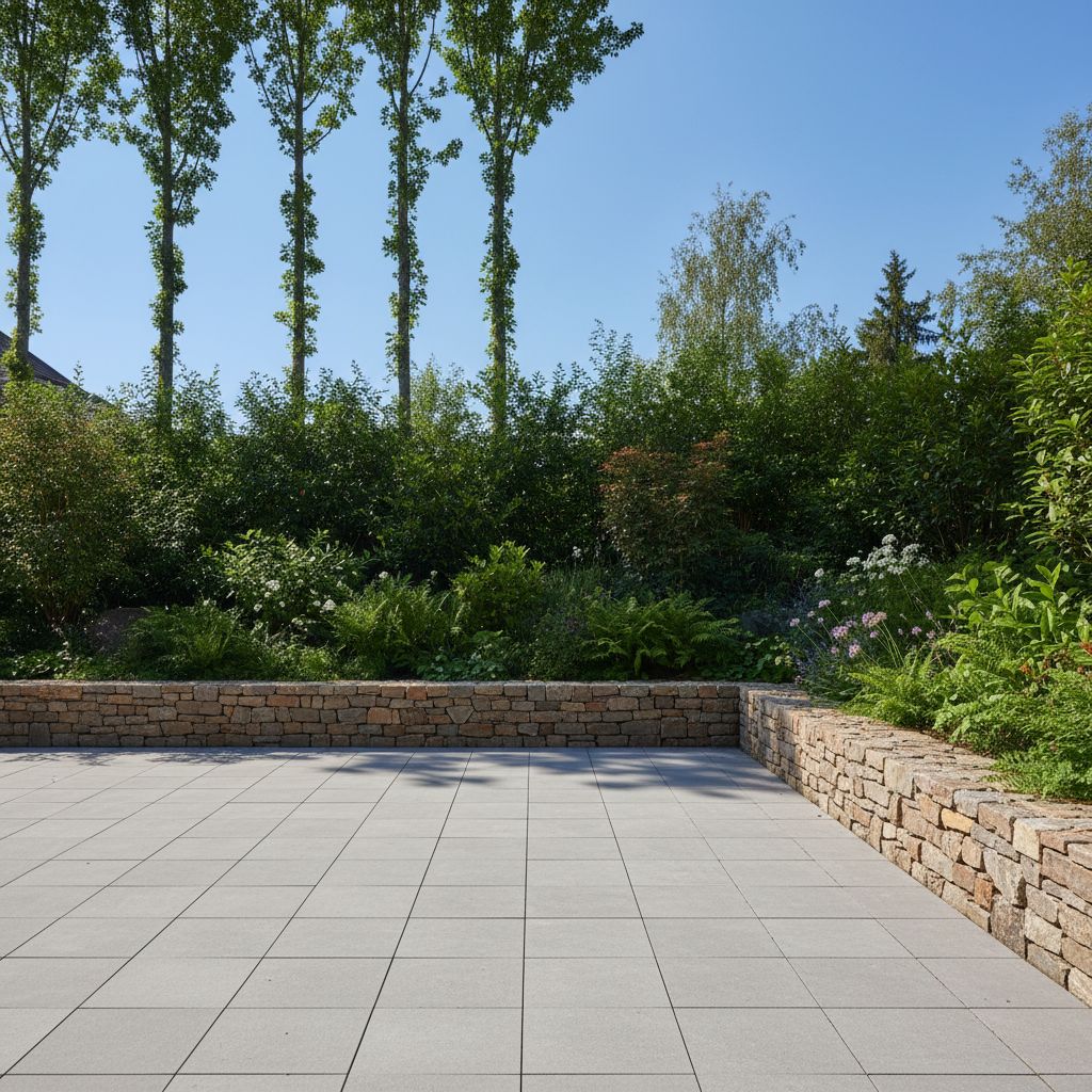 Un jardin luxueux à Genève avec une terrasse en dalles de pierre naturelle grise, des murets en pierre sèche et une végétation luxuriante sous un ciel clair.