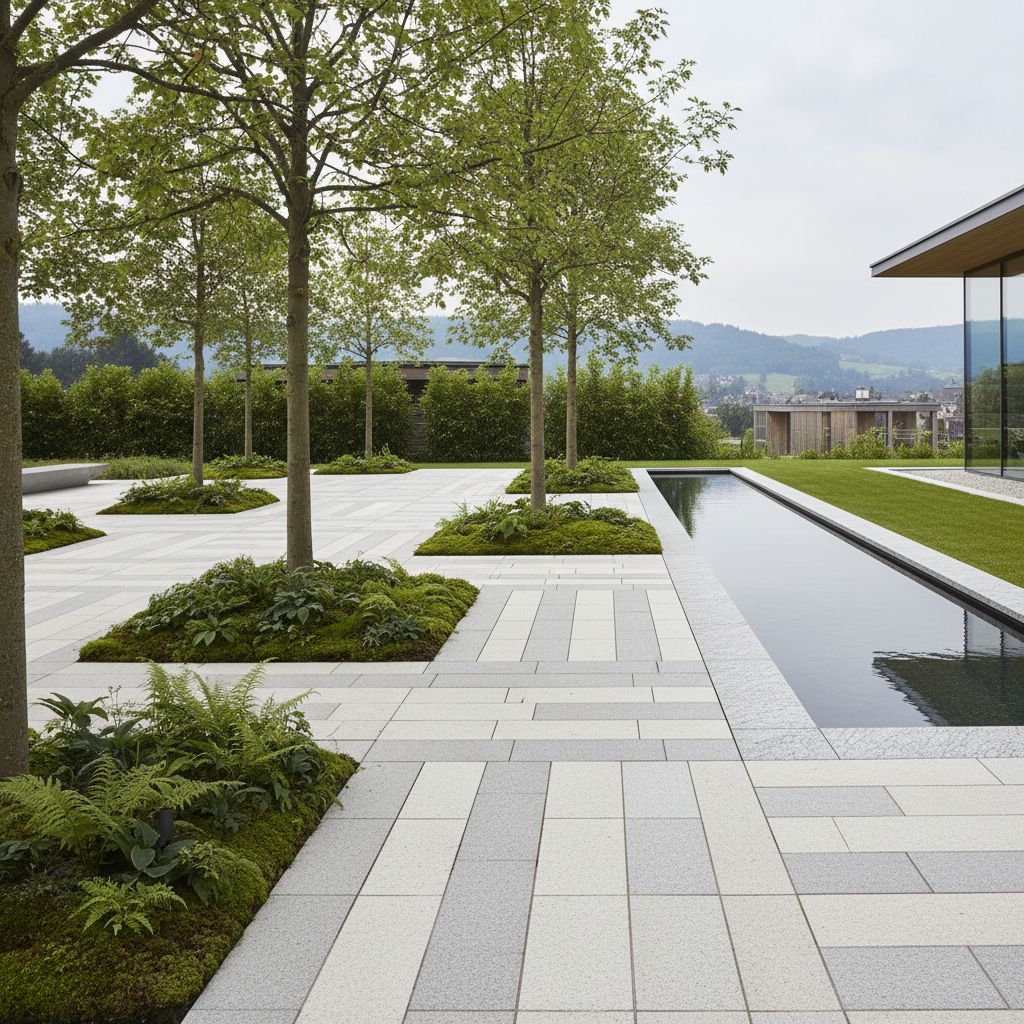 Modern swiss garden with natural stone paving and landscaping features