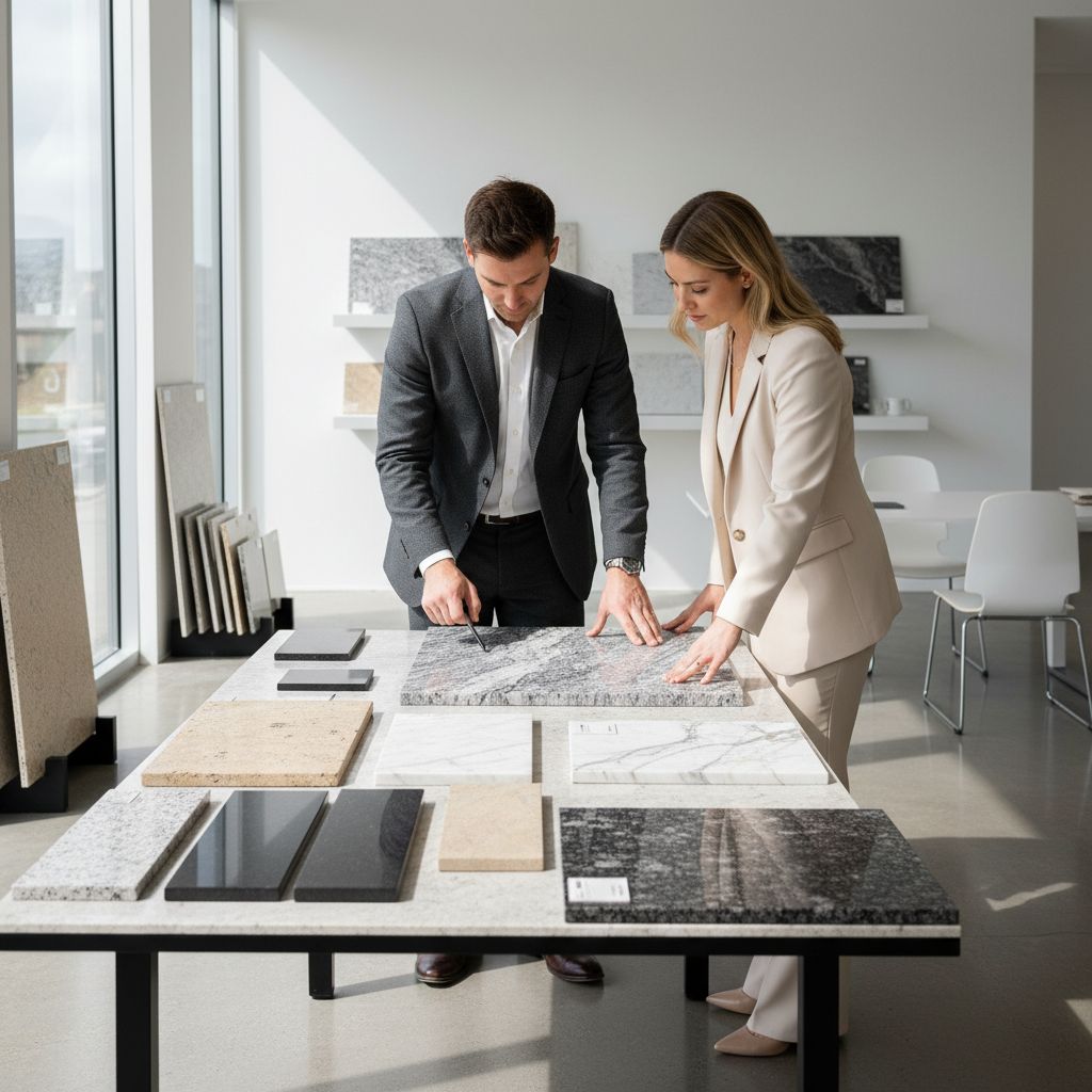 Architecte et client examinant des échantillons de granit et de marbre dans un showroom lumineux