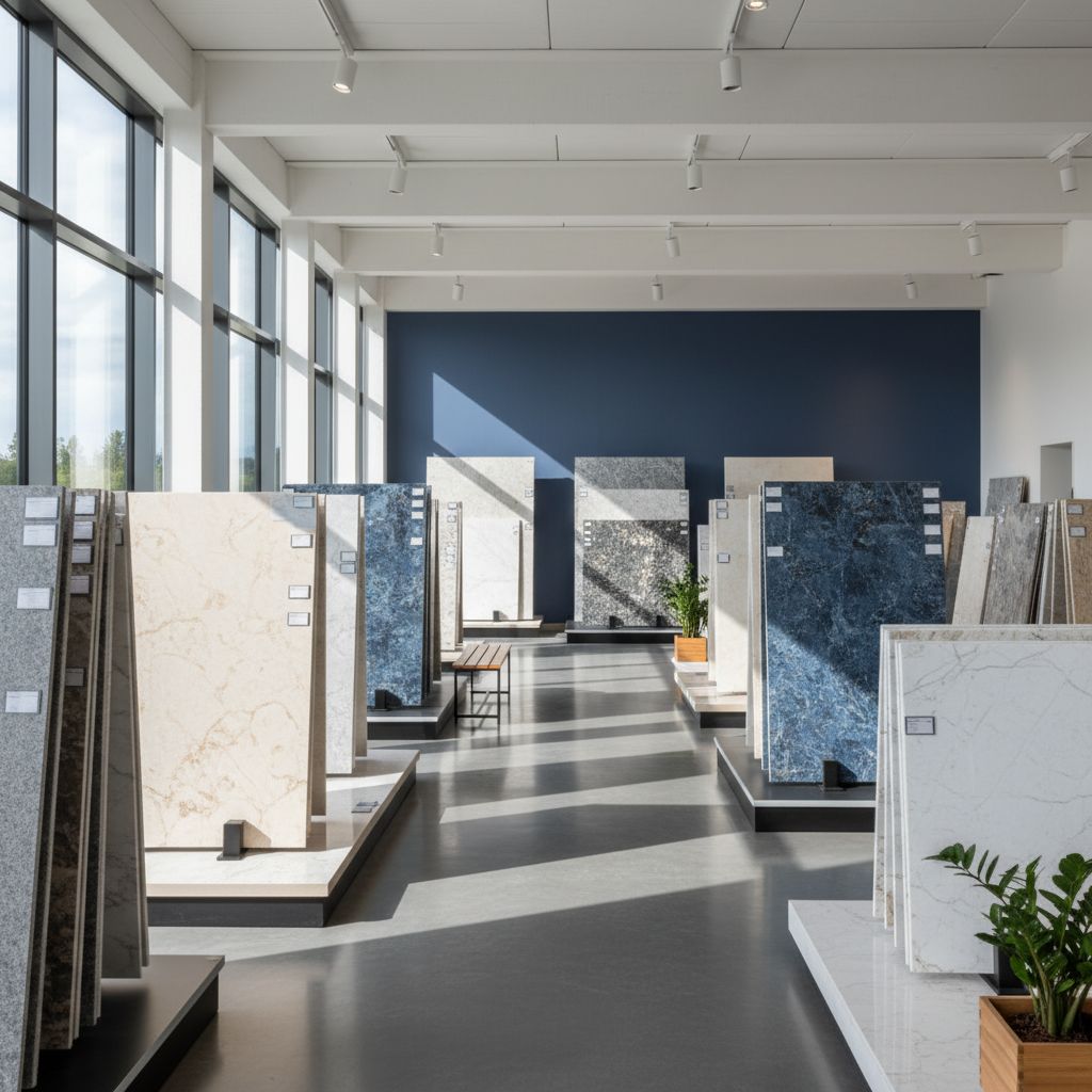 Showroom Global Stone à Crissier avec diverses tranches de pierres naturelles exposées