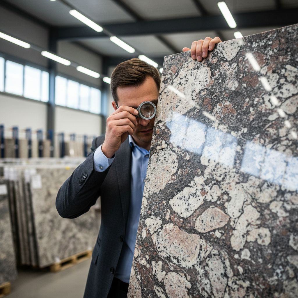 Close up of a professional inspecting high quality natural stone slab texture with magnifying glass in a bright warehouse