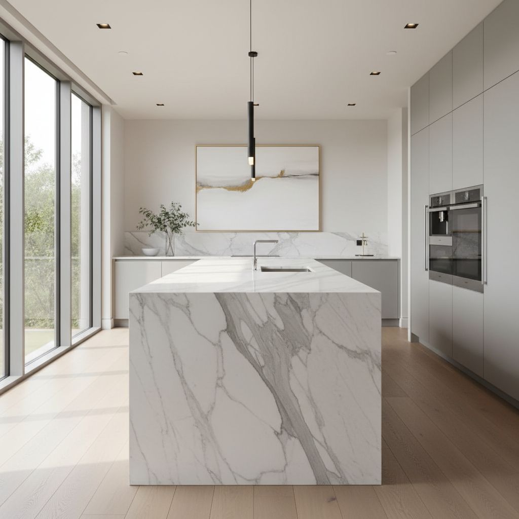 Modern luxury kitchen with a large white marble island and natural light emphasizing the stone veining