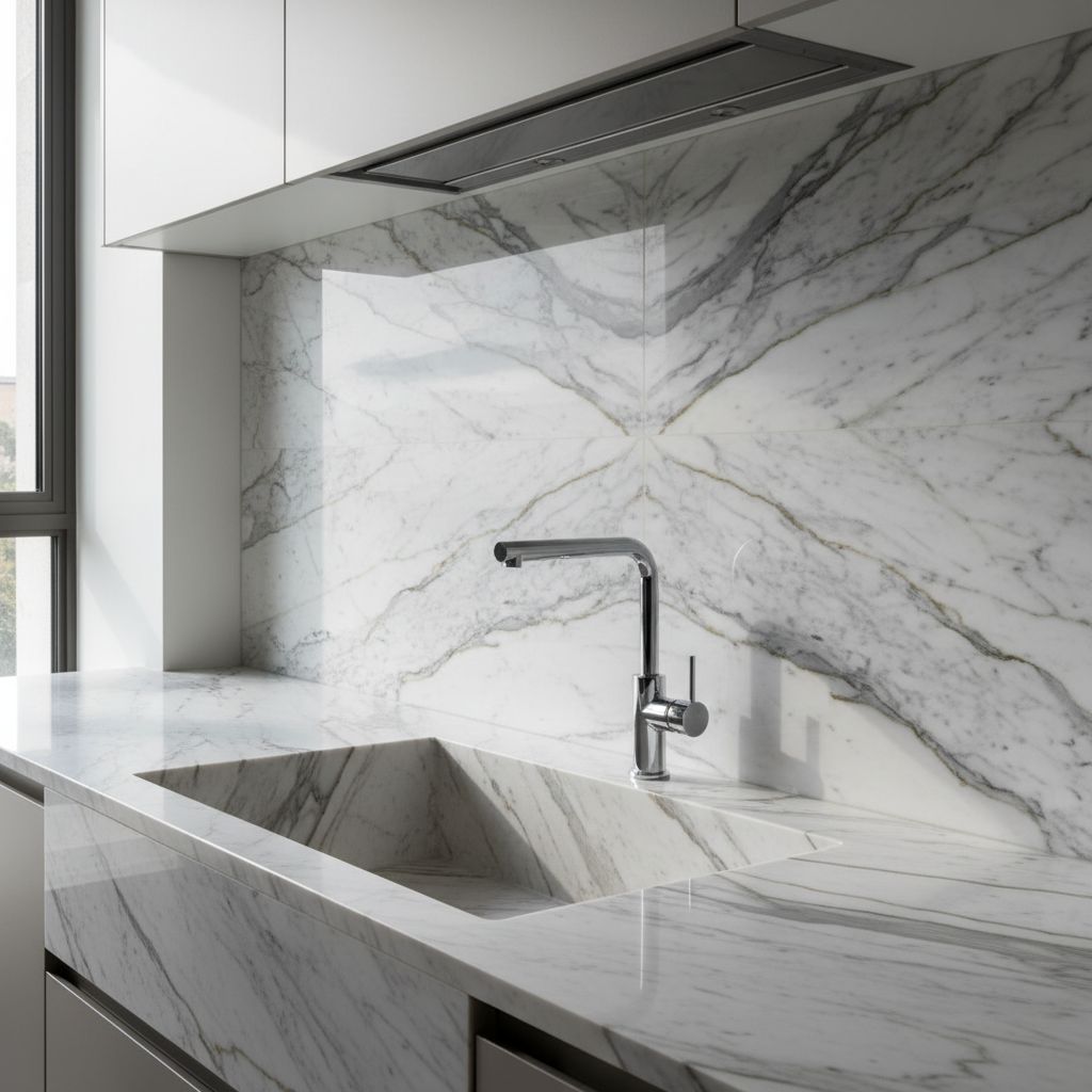 AI generated image of a kitchen detail showing a book-matched marble backsplash and integrated stone sink