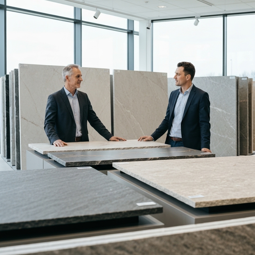 Professional architect and supplier discussing over natural stone slabs in a modern showroom in Switzerland