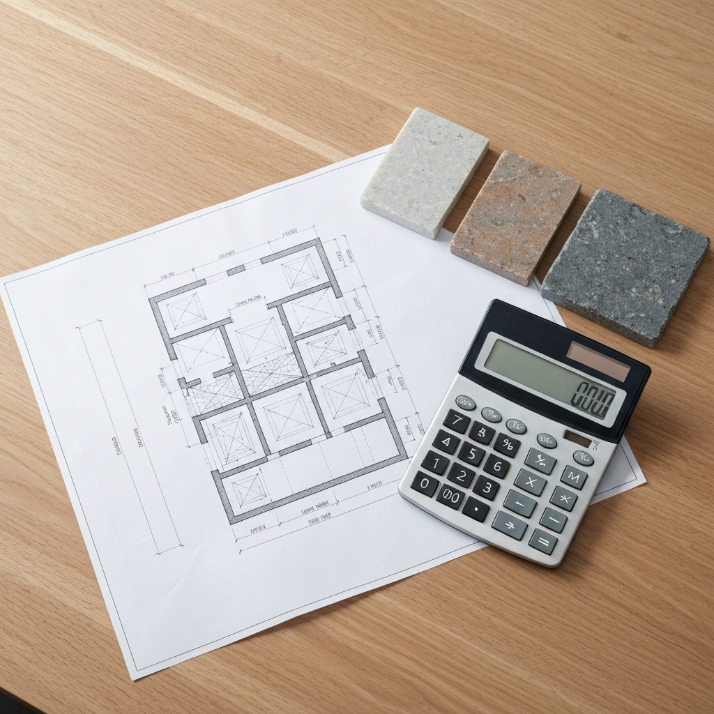 Architectural drawing and calculator on a table with sample stones