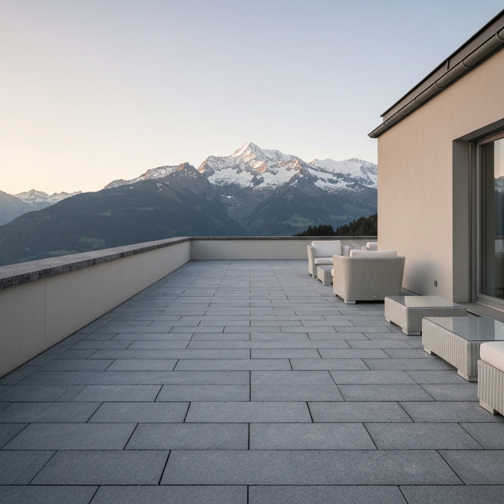 High quality real photo of a luxury natural stone terrace in Switzerland with mountains in background