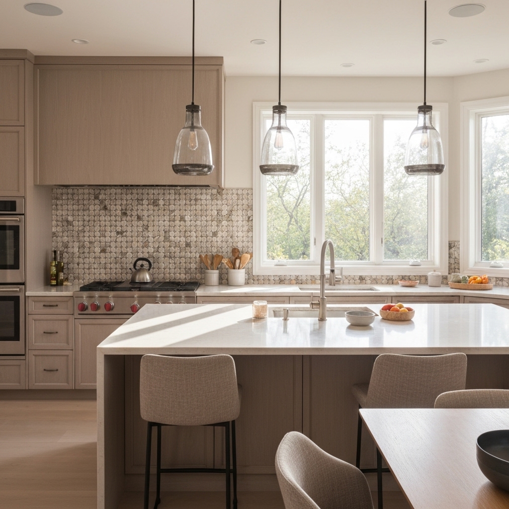 Luxurious modern kitchen with a large polished granite countertop in a Swiss home setting