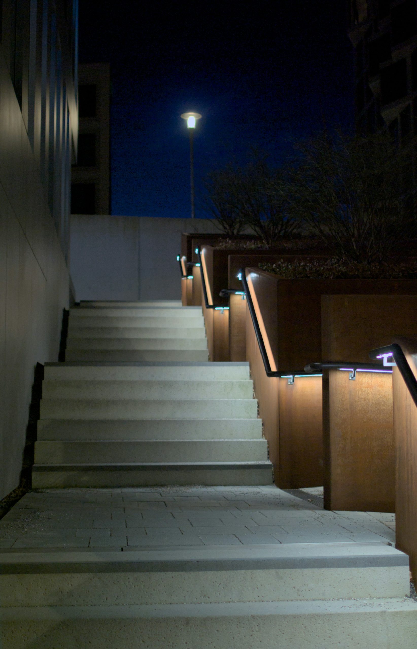 Design concept of outdoor stairs with integrated LED lighting under the steps