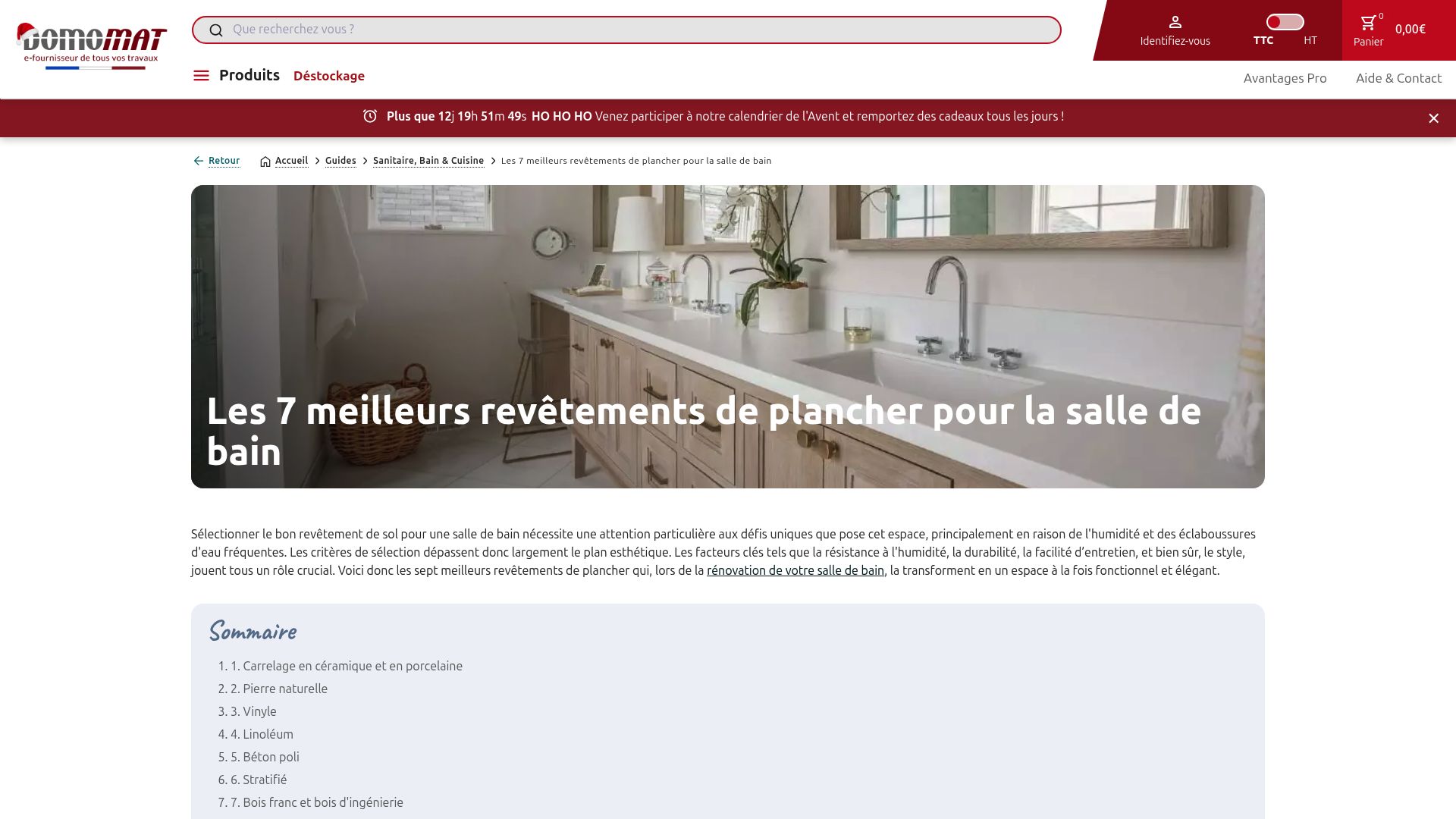 Screenshot of Domomat guide showing drainage and sealing layers for bathroom floors