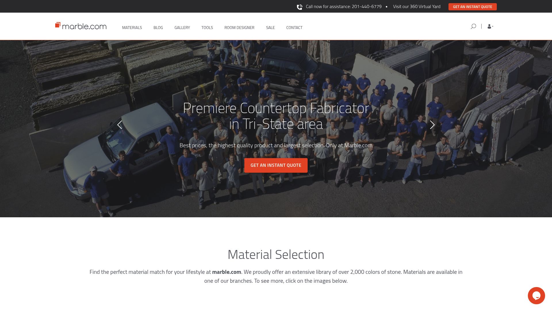 Website showing marble slab pricing options and calculator