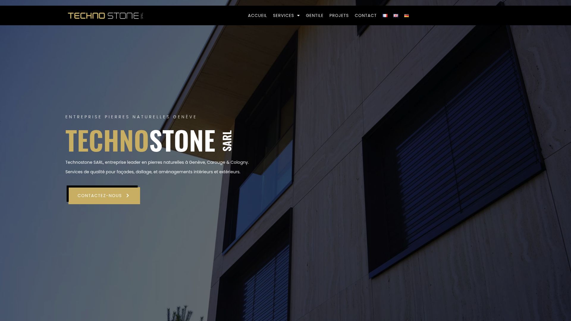 Screenshot of Technostone website illustrating craftsmanship in stone cutting and installation