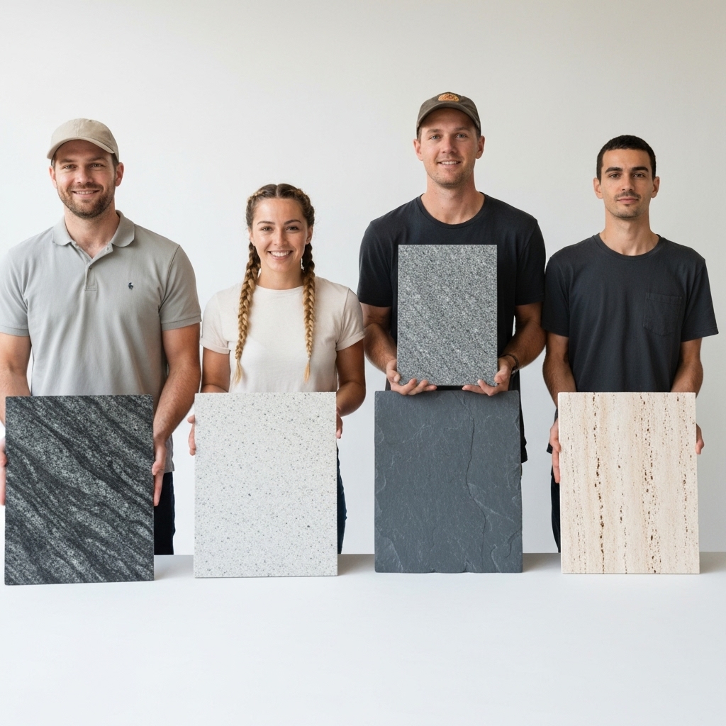 Infographic identifying different types of natural stones usually found in gardening (Granite, Marble, Slate, Travertine)