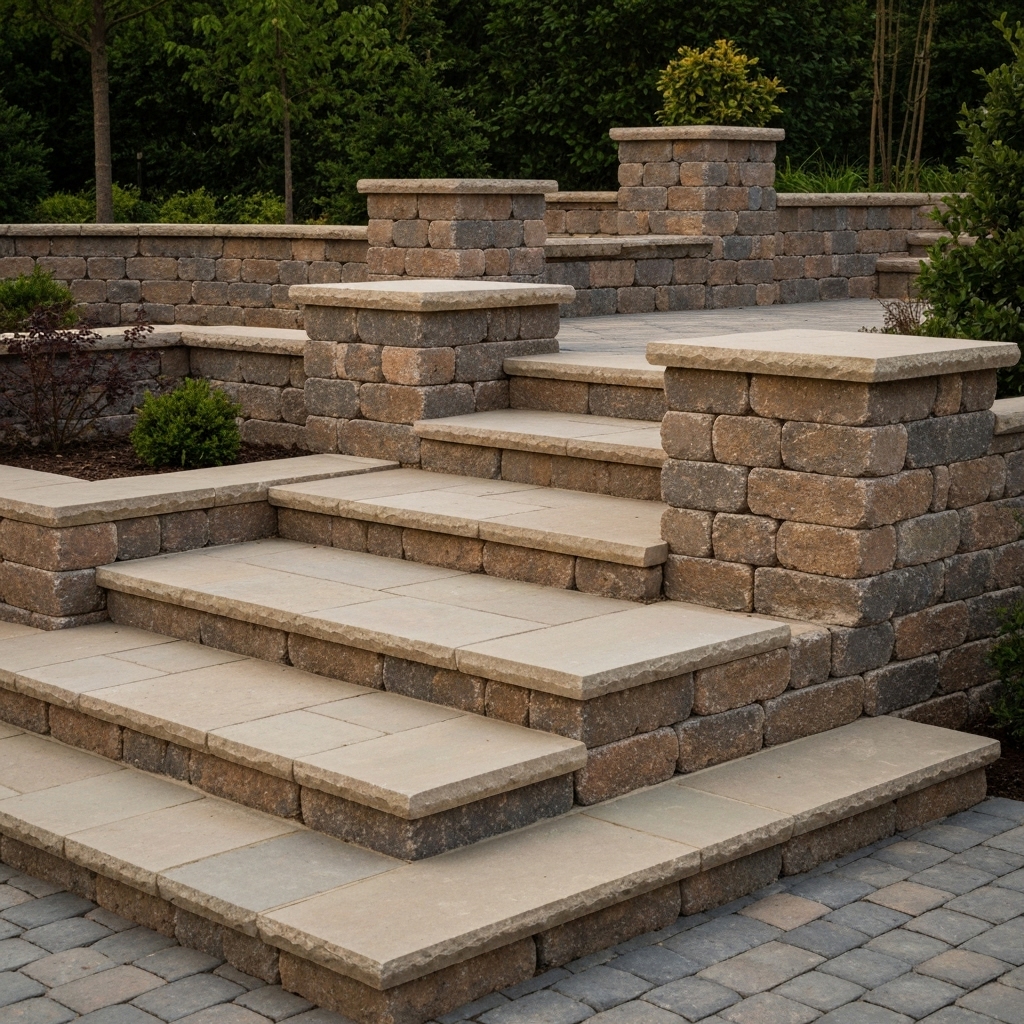 Elegant natural stone outdoor steps and wall provided by Global Stone