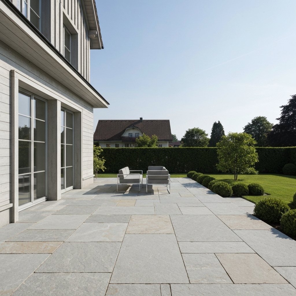 Pristine natural stone terrace in a Swiss garden setting with modern furniture