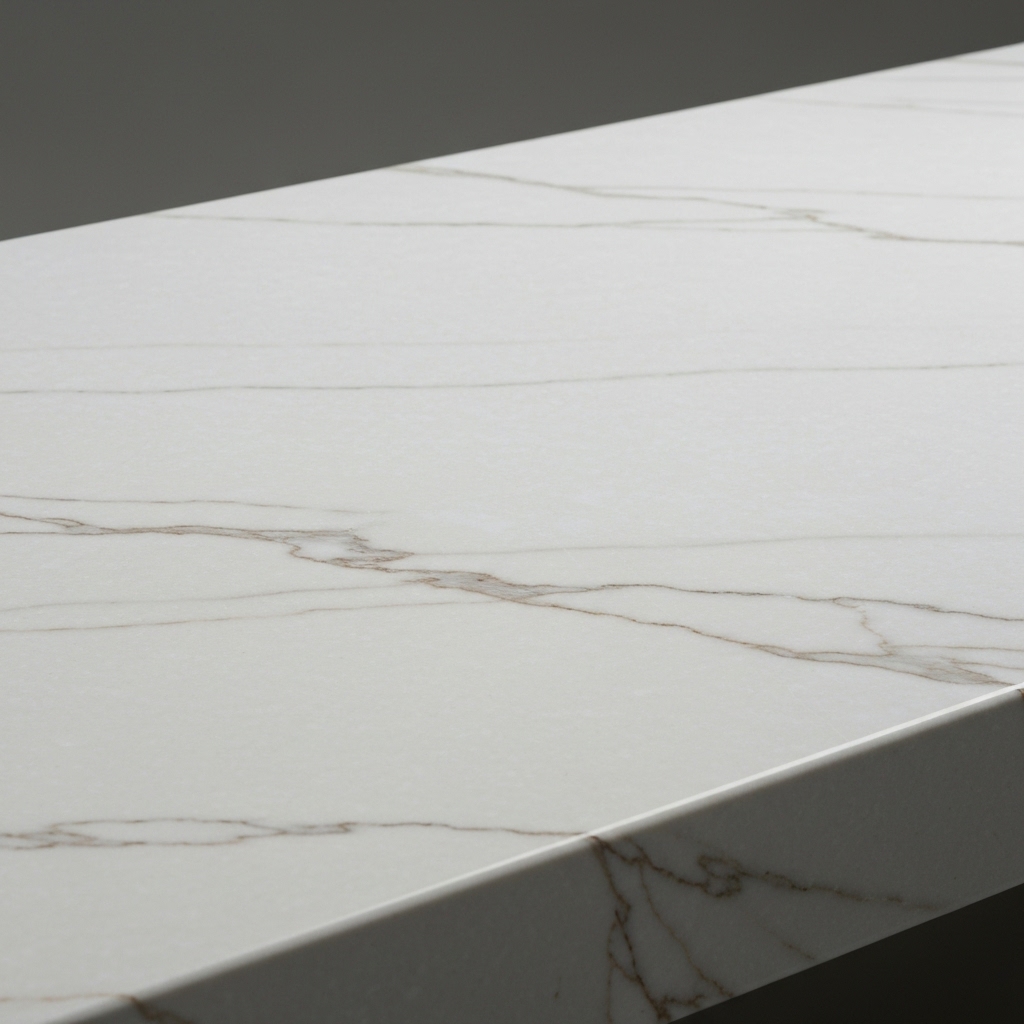 Close-up of a luxurious white marble kitchen countertop with grey veining, high-end finish