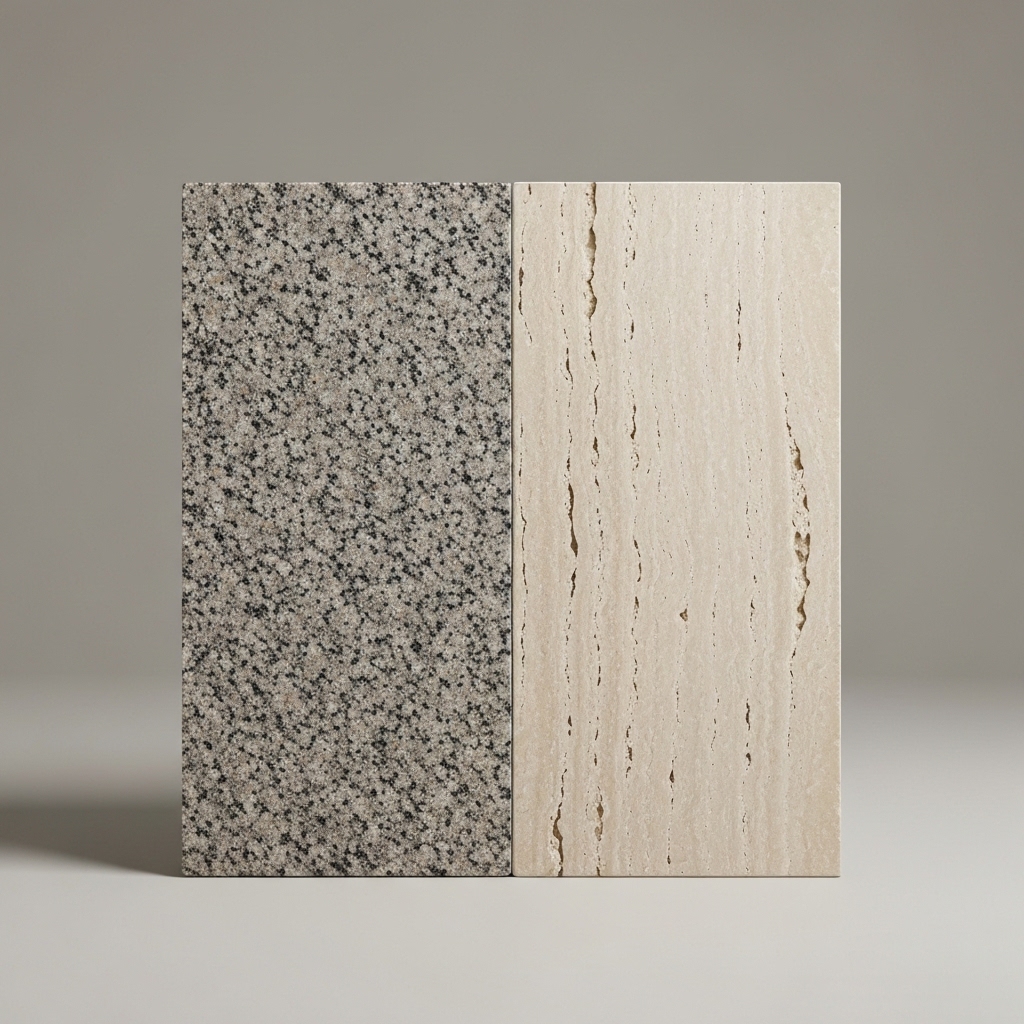 Comparaison visuelle entre une dalle de granit texturée et une dalle de travertin lisse