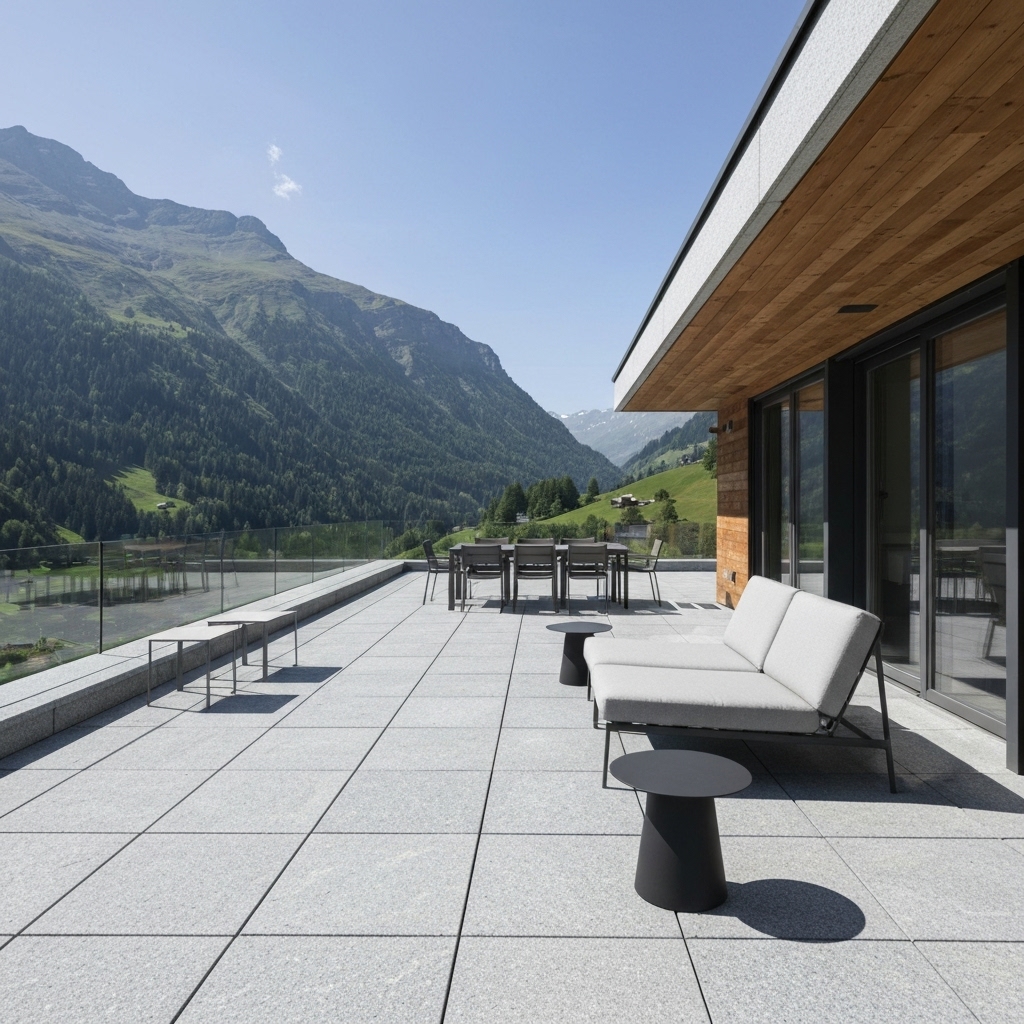 Une terrasse moderne en pierre naturelle granit gris avec mobilier design face aux montagnes suisses