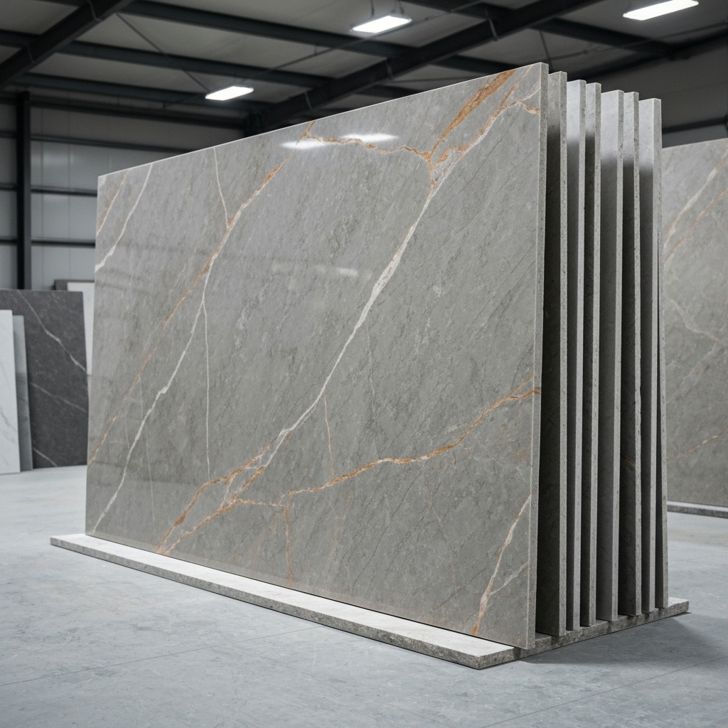 Close-up of a luxurious natural stone slab with intricate veining in a high-end workshop setting.