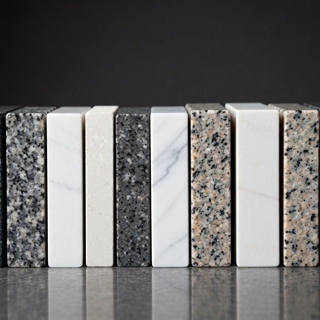 Comparison table or visual showing varied textures of granite, marble, and limestone slabs side by side.