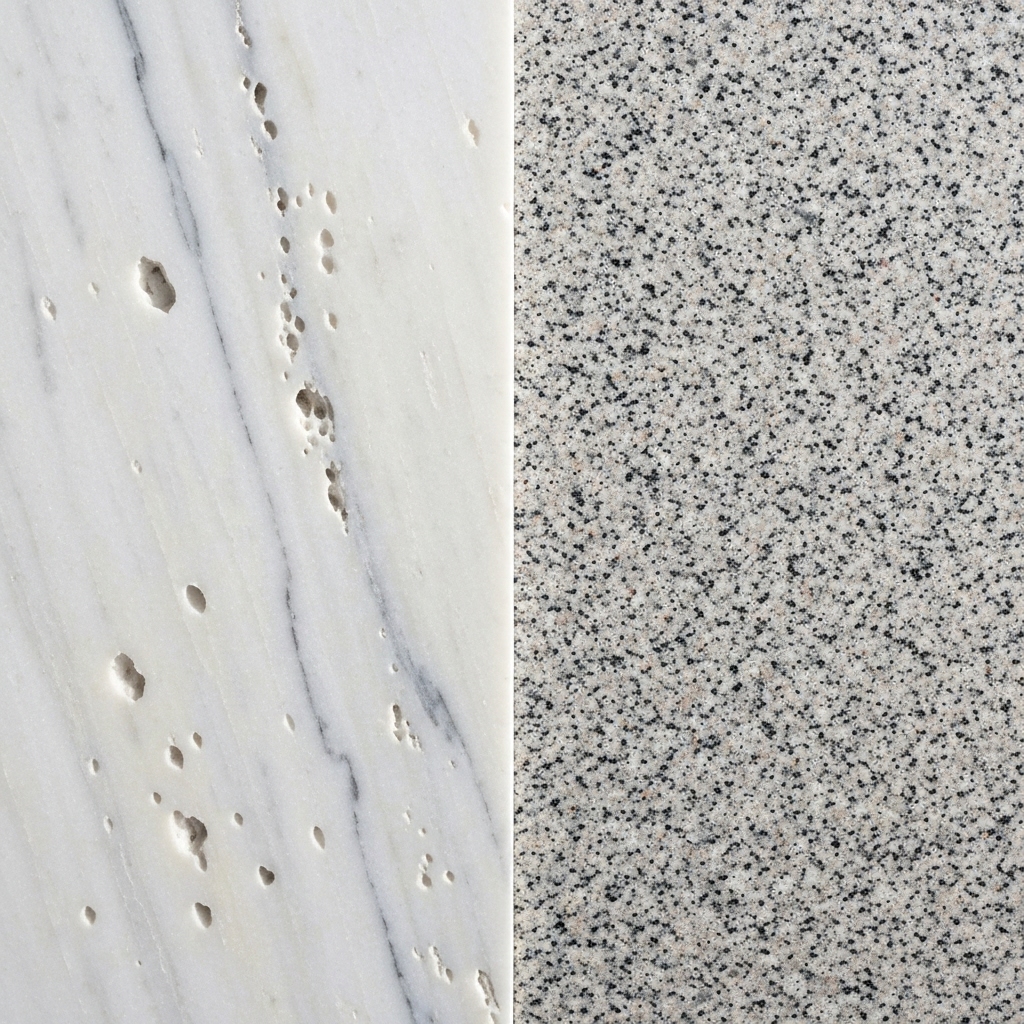 Close-up comparison shot of a porous white marble slab next to a dense speckled granite slab showing texture differences