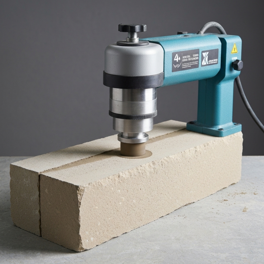 Close-up of a laboratory testing machine putting pressure on a stone slab to test durability